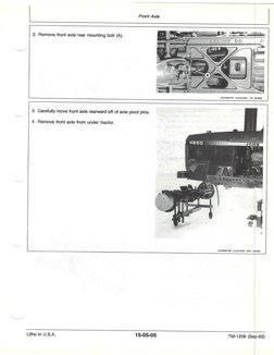 2. Remove front axle rear mounting bolt (A).
4.
Carefully move front axle rearward off of axle pivot pins.
Remove front axle