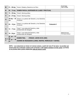 4 
 
08 
01 –  06 may 
Tema 4. Estado y Derecho en el Perú  
 
Día del Trabajo 
Lunes 1 de mayo 
 
09 
08 –  13 may. EXAMEN P
