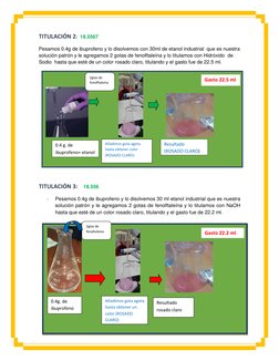TITULACIÓN 2:  18.5567 
Pesamos 0.4g de ibuprofeno y lo disolvemos con 30ml de etanol industrial  que es nuestra 
solución pa