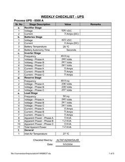 file:///conversion/tmp/scratch/414498637.xls
1 of 5
WEEKLY CHECKLIST - UPS
Process UPS - 8500 A
Sr. No
Stage Description
Valu