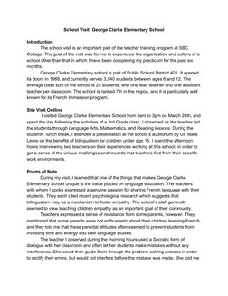 School Visit: George Clarke Elementary School 
 
Introduction 
The school visit is an important part of the teacher training