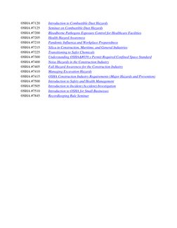 OSHA #7120 
Introduction to Combustible Dust Hazards  (https://www.osha.gov/otiec/courses/title_description#OSHA7120) 
OSHA #