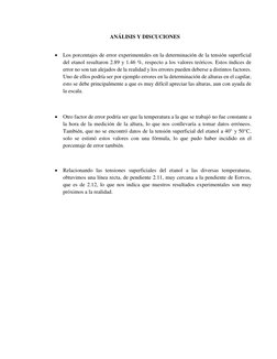 ANÁLISIS Y DISCUCIONES 
 Los porcentajes de error experimentales en la determinación de la tensión superficial 
del etanol r