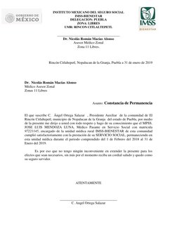 INSTITUTO MEXICANO DEL SEGURO SOCIAL 
IMSS-BIENESTAR 
DELEGACION: PUEBLA 
ZONA: LIBRES 
UMR: RINCON CITLALTEPETL 
 
_________