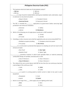 Philippine Electrical Code (PEC)
1.
The maximum electrical trade size of intermediate conduit?
A. 100 mm
C. 300 mm
B. 200 mm