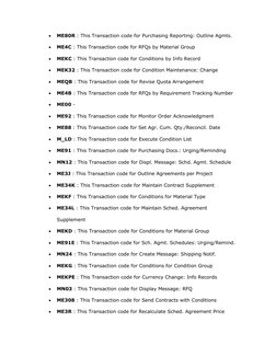 • 
ME80R : This Transaction code for Purchasing Reporting: Outline Agmts. 
• 
ME4C : This Transaction code for RFQs by Materi