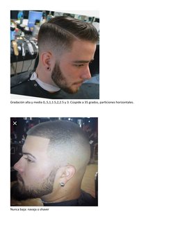Gradación alta y media 0,.5,1,1.5,2,2.5 y 3. Cúspide a 35 grados, particiones horizontales.
Nunca baja: navaja o shaver 
