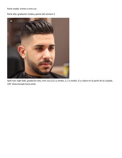 Parte media: trimer o mini cut 
Parte alta: gradación media y peine del número 2
Spiki hair, high fade, gradación alta, mini