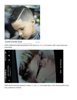 CORTE COMB OVER.high fade.gradacio'n alta .Minicut, 0, .5, 1, 1 1/2.Cuspide a 180° a tijera.Particiones 
horizontales.
CORTE