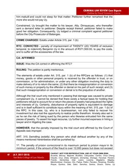 CRIMINAL LAW REVIEW Case Digests 
 
 
 
 
 
Outline by Fiscal Victoria C. Garcia 
 
4F  
(A.Y. 2017-2018)