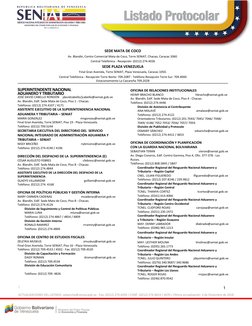 | 
 
ACTUALIZACIONES DEL LISTADO: odsanche@seniat.gob.ve - Fax: (0212) 274.4209 / CONF. (0212) 274.4653 / 4470 / Última act