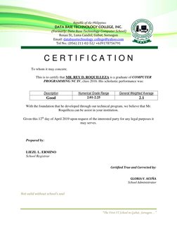 “The First IT School in Gubat, Sorsogon…” 
 
  
 
 
 
 
Republic of the Philippines 
DATA BASE TECHNOLOGY COLLEGE, INC. 
 (Fo