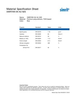 Material Specification Sheet
SIMRITAN 94 AU 925
Name:
SIMRITAN 94 AU 925
Material:
Premium polyurethane, TODI based
Color:
Bl