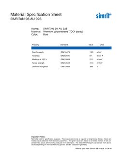 Property
Standard
Value
Units
Material Spec Sheet Simritan 98 AU 928  01.08.00
Specific gravity
DIN 53479
1.20
g/cm3
Hardness