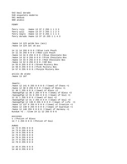 542 baul dorado 
548 esqueleto moderno
561 medusa
900 anubis
FENRY
fenry rojo   /make 13 37 2 255 1 1 3 3
fenry azul   /make