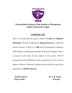 Priyadarshini Lokmanya Tilak Institute of Management
Studies & Research, Nagpur
CERTIFICATE
This is to certify that the proje
