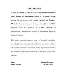 DECLARATION
I, Rupa.m.Sononey of MBA studying at Priyadarshini Lokmanya
Tilak  Institute  of  Management  Studies  &  Researc
