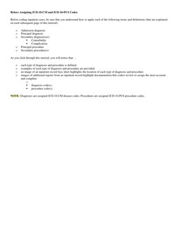 Before Assigning ICD-10-CM and ICD-10-PCS Codes  
Before coding inpatient cases, be sure that you understand how to apply eac
