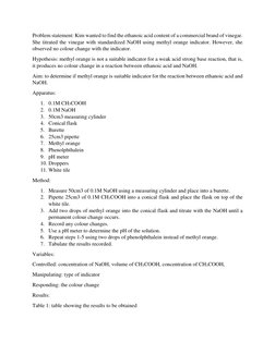 Problem statement: Kim wanted to find the ethanoic acid content of a commercial brand of vinegar. 
She titrated the vinegar w