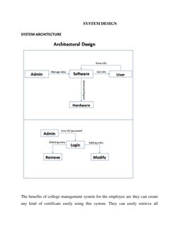SYSTEM DESIGN 
SYSTEM ARCHITECTURE 
 
 
The benefits of college management system for the employee are they can create 
any k