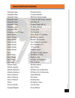 [Fecha] 
  UNAN-CHONTALES KARAOKE 
 
 
 
 
 
 
5 
Alejandro Sanz 
Pisando Fuerte 
  
Alejandro Sanz 
Corazón Partido 
  
Alej