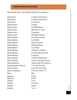 [Fecha] 
  UNAN-CHONTALES KARAOKE 
 
 
 
 
 
 
9 
Banda El Recodo y Lalo Elizalde Árboles De La Barranca 
  
Banda Jerez 
La