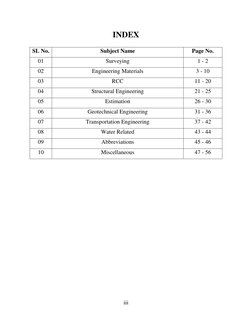 iii 
 
INDEX 
SL No. 
Subject Name 
Page No. 
01 
Surveying 
1 - 2 
02 
Engineering Materials 
3 - 10 
03 
RCC 
11 - 20 
04