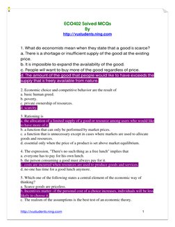 ECO402 Solved MCQs 
By  
http://vustudents.ning.com 
 
 
1. What do economists mean when they state that a good is scarce?