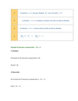2 
     La función   y = ex  tiene por dominio   R   y por recorrido   y > 0 
3 
  La función    y = ex  es continua, crecien