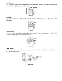 Plain Turning 
The cutting tool moves axially, along the side of the workpiece, removing material to form different 
feat