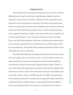 1
INTRODUCTION
After listening to the victim impacts statements of over 150 women subject to
Defendant Larry Nassar’s se