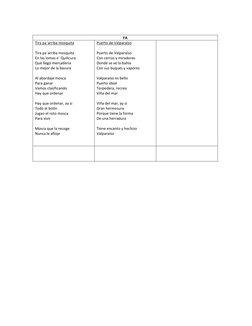 FA 
Tira pa´arriba mosquita  
 
Tira pa´arriba mosquita 
En las lomas e´ Quilicura 
Que llegó mercadería  
Lo mejor de la b