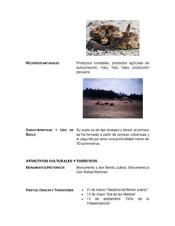 RECURSOS NATURALES 
Productos forestales, productos agrícolas de 
autoconsumo, maíz, frijol, haba, producción 
pecuaria.