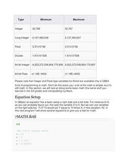 Type
Minimum
Maximum
Integer
-32,768
32,767
Long Integer
-2,147,483,648
2,147,483,647
Float
-3.37x10^38
3.37x10^38