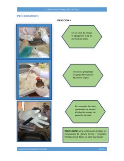 ELEMENTOS DE TRANSICIÓN DUCTILES 
GRUPO A 
 
ELEMENTOS DE TRANSICIÓN DUCTILES 
PROCEDIMIENTO 
REACCION 1 
 
 
 
 
 
 
 
 
E