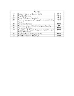 Appendix 
‘A’ 
Budgetary system for Defence Works 
39-44 
‘B’ 
Rough Cost Estimate 
45-46 
‘C’ 
Format for Engineer Appre