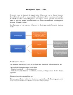 Discrepancia Hueso – Diente. 
 
Se conoce cómo la diferencia de espacio entre el hueso del cual se dispone (espacio 
dispon