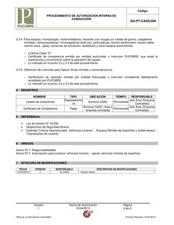 PROCEDIMIENTO DE AUTORIZACIÓN INTERNA DE 
CONDUCCIÓN 
Código 
 GG-PT-CASS-009 
 
Versión 
Fecha de Autorización 
Página 
1