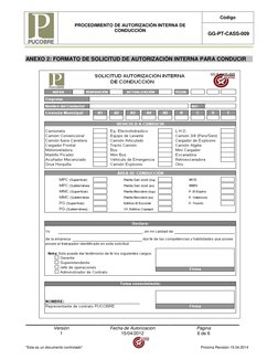 PROCEDIMIENTO DE AUTORIZACIÓN INTERNA DE 
CONDUCCIÓN 
Código 
 GG-PT-CASS-009 
 
Versión 
Fecha de Autorización 
Página 
1