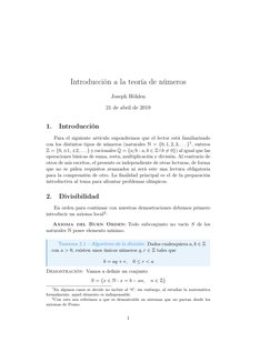 Introducción a la teoría de números
Joseph Höhlen
21 de abril de 2019
1.
Introducción
Para el siguiente artículo supondremos