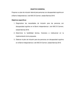 OBJETIVO GENERAL 
Proponer un plan de inclusión laboral para personas con discapacidad cognitiva en 
el Barrio Independencia