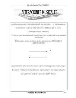 Planeta Musical. Tel 77606910
Método, Primer Nivel.
10
Las alteraciones son: los sostenidos #, los bemoles    , y los becuadr