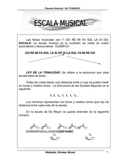 Planeta Musical. Tel 77606910
Método, Primer Nivel.
9
Las Notas musicales son 7: DO RE MI FA SOL LA SI DO. 
ESCALA: La escala