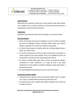 DEPARTAMENTO DE 
PRODUCCIÓN Y CALIDAD 
 
CODIGO: POES-001  
VERSION: PRIMERA  
FECHA: MAYO 22 DEL  2019 
HIGIENE DE