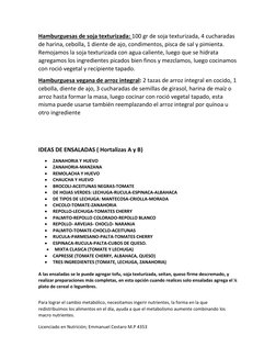 Licenciado en Nutrición; Emmanuel Cestaro M.P 4353 
 
 
Hamburguesas de soja texturizada: 100 gr de soja texturizada, 4 cucha