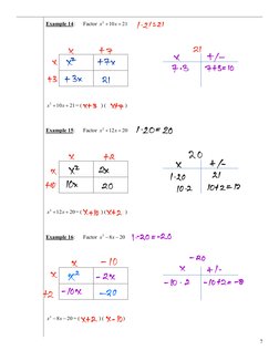 7 
Example 14:      Factor 
2
10
21
x
x +
+
 
 
 
 
 
  
 
 
2
10
21
x
x +
+
= (              ) (              ) 
 
Example 1