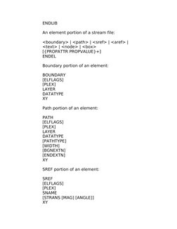 ENDLIB
An element portion of a stream file:
<boundary> | <path> | <sref> | <aref> | 
<text> | <node> | <box>
[{PROPATTR PROPV