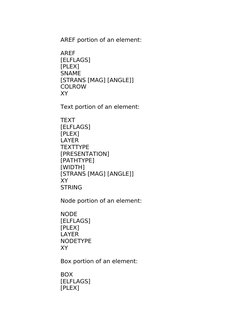 AREF portion of an element:
AREF
[ELFLAGS]
[PLEX]
SNAME 
[STRANS [MAG] [ANGLE]]
COLROW
XY
Text portion of an element:
TEXT
[E