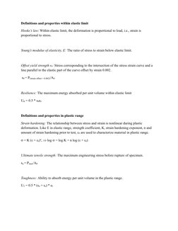 Definitions and properties within elastic limit
Hooke’s law: Within elastic limit, the deformation is proportional to load, i