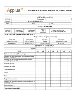 AUTOREPORTE DE CONDICIONES DE SALUD PARA TAREAS DE ALT
INFORMACION GENERAL
NOMBRE:
CEDULA N°:
CARGO:
ACTIVIDAD A REALIZAR:
EP